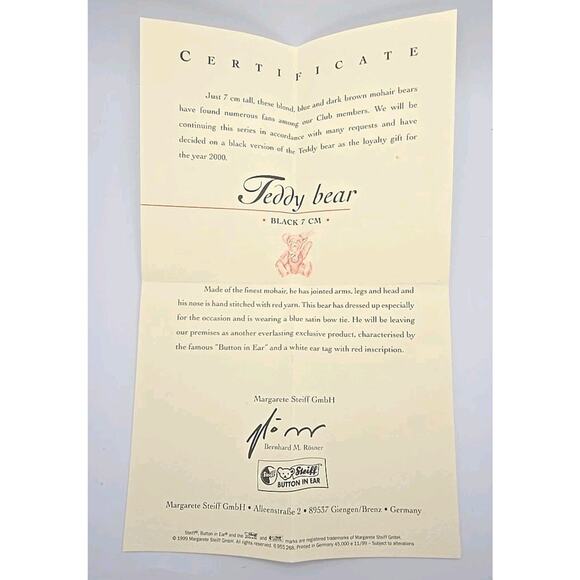Steiff Club Gift Teddy Bear Black Mini 2000 Jointed Mohair COA & Box U315/8 - Picture 12 of 12